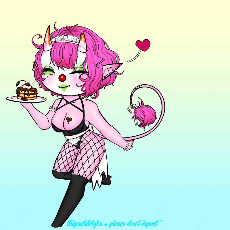 Character name: Rhubaby. Rhubaby has pink skin and hair, a long tail that ends with a fluffy tuft of fur. She has clear horns with orange tips. She's wearing clown makeup and a clown nose. She's wearing maid themed underwear and over-knee boots. There's chocolate on her boobs and she's winking.